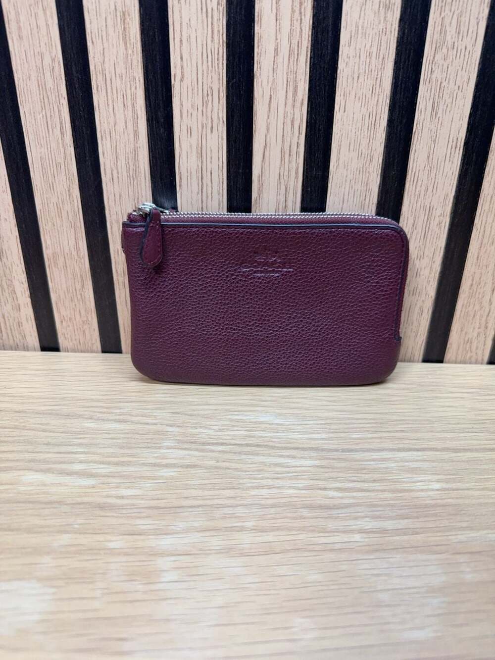 Coach Double Zip Burgundy Pebble Leather Coin Case Wallet